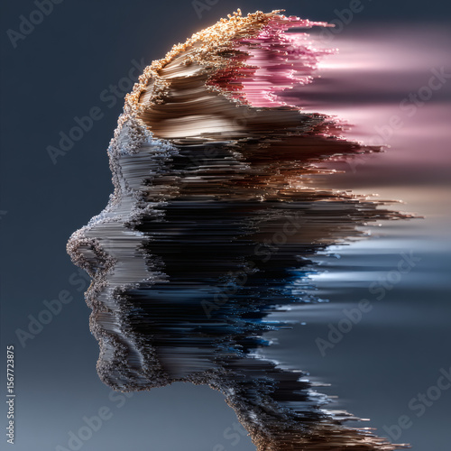 Dynamic transformation of human identity abstract space digital art vivid colors close-up view conceptual exploration