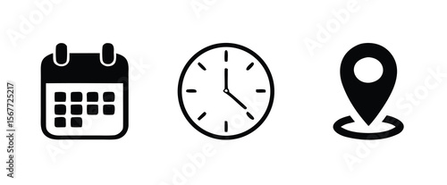 Calendar, clock and map symbol location icon set. Date, time, address for event, meeting, wedding, schedule, invitation card design element. transparent vector design. 