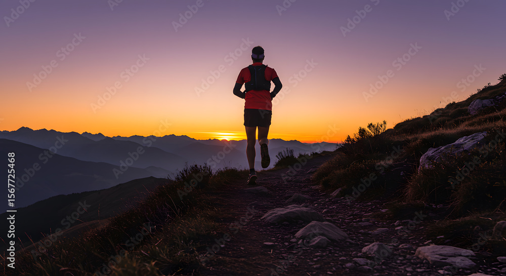 Obraz premium Trail Runner at Sunrise in Majestic Mountains