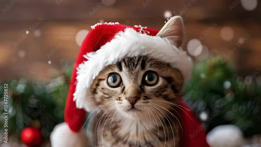 Cute kitten with big eyes wearing red Santa hat and festive holiday background, pet enjoying Christmas celebration with joyful spirit and charm Cute kitten with big eyes wearing red Santa hat and festive holiday background, pet enjoying Christmas celebration with joyful spirit and charm