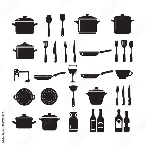 Black Silhouettes of Cooking Pots Pans Utensils Wine Bottles and Serving Dishes on White Background Collection of Kitchenware and Drinkware Icons