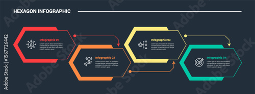 hexagon base shape infographic process diagram with long hexagon with up and down and arrow connection with dark background bright outline style