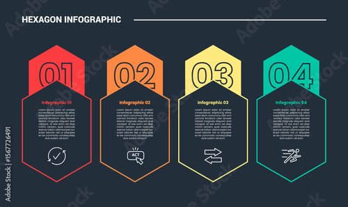 hexagon base shape infographic process diagram with vertical standing box with badge at top with dark background bright outline style
