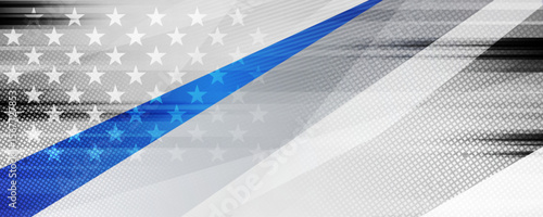 Grunge abstract black and white USA flag with blue stripe. American police force sign vector abstract background