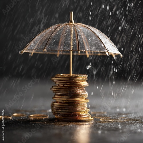 Wallpaper Mural Golden coins sheltered by an umbrella in the rain, representing financial protection. Torontodigital.ca