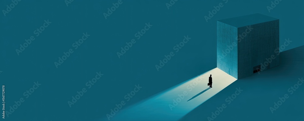 Fototapeta premium A silhouetted businessman walks toward a bright light from a building.