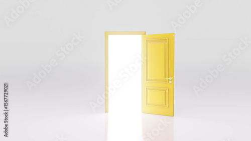 Bright light is coming through a yellow open door in an empty room with white walls and floor, representing new opportunities, hope, and a positive future