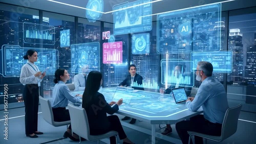 Business professionals engaged in a futuristic meeting with holographic data displays in a cityscape
