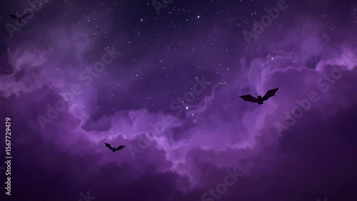 Halloween background featuring a purple night sky with bats, two moons, and stars, perfect for spooky-themed designs and festive decorations.