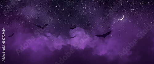 Halloween background featuring a purple night sky with bats, two moons, and stars, perfect for spooky-themed designs and festive decorations.