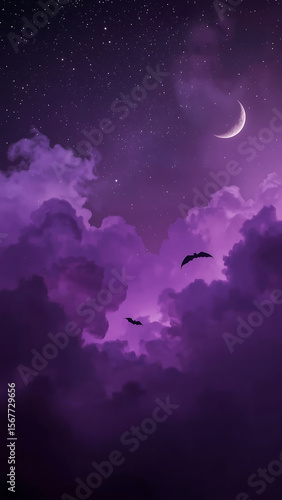 Halloween background featuring a purple night sky with bats, two moons, and stars, perfect for spooky-themed designs and festive decorations.