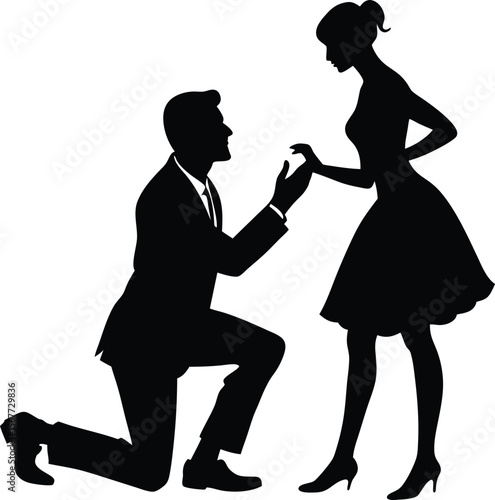 Silhouette of a man proposing to a woman with a ring