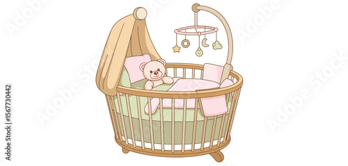 Adorable Baby Crib with Teddy Bear and Mobile