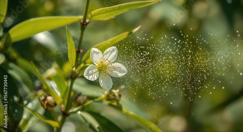 Close up of a white flower with green leaves and a bokeh effect in a natural outdoor setting