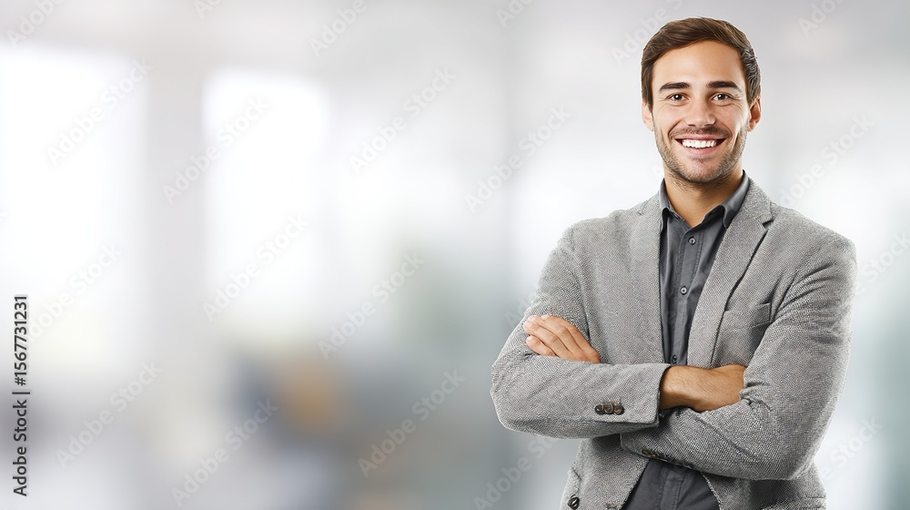 Confident businessman in blazer posing against a blurred office background in professional lighting Confident businessman in blazer posing against a blurred office background in professional lighting