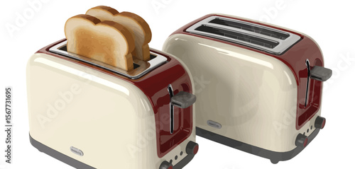 Two Retro Cream and Red Toasters with Toasting Bread