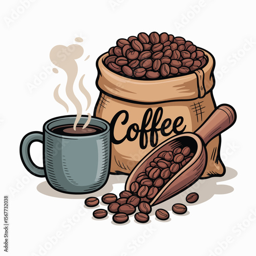 Hot Coffee Cup with Roasted Beans in Burlap Sack
