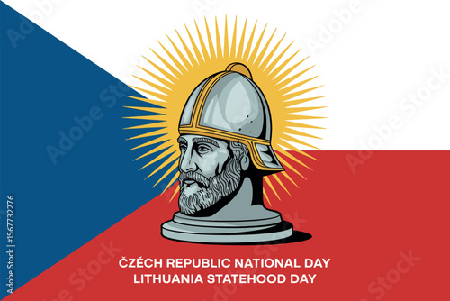Czech Republic and Lithuania National Day Monument Illustration with Flags and Warrior Helmet