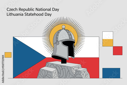 Czech Republic and Lithuania National Day Monument Illustration with Flags and Warrior Helmet