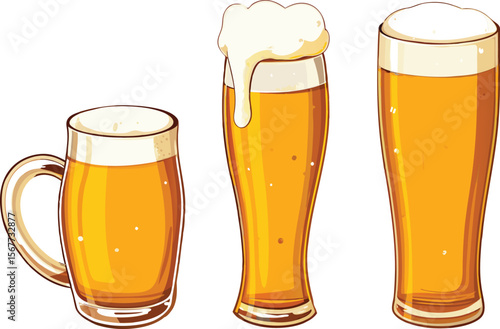 Three Beer Glasses with Foam Vector Illustration on White Background