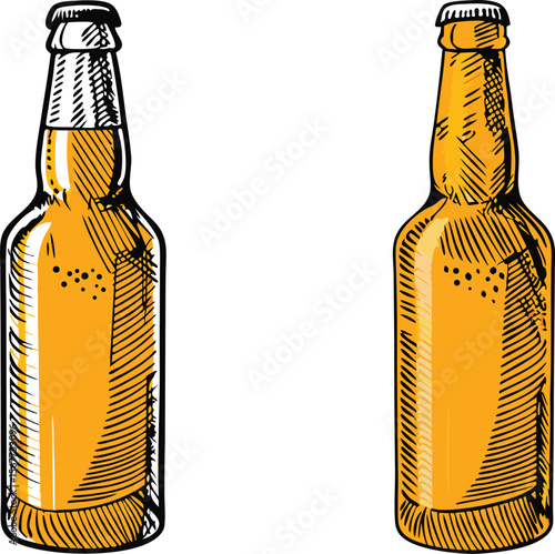 Two beer bottles with golden liquid hand drawn style isolated on white