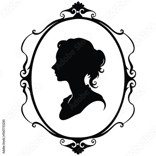 Vintage female silhouette in ornate frame, ideal for classical, romantic, or retro-inspired projects with elegance and feminine charm

