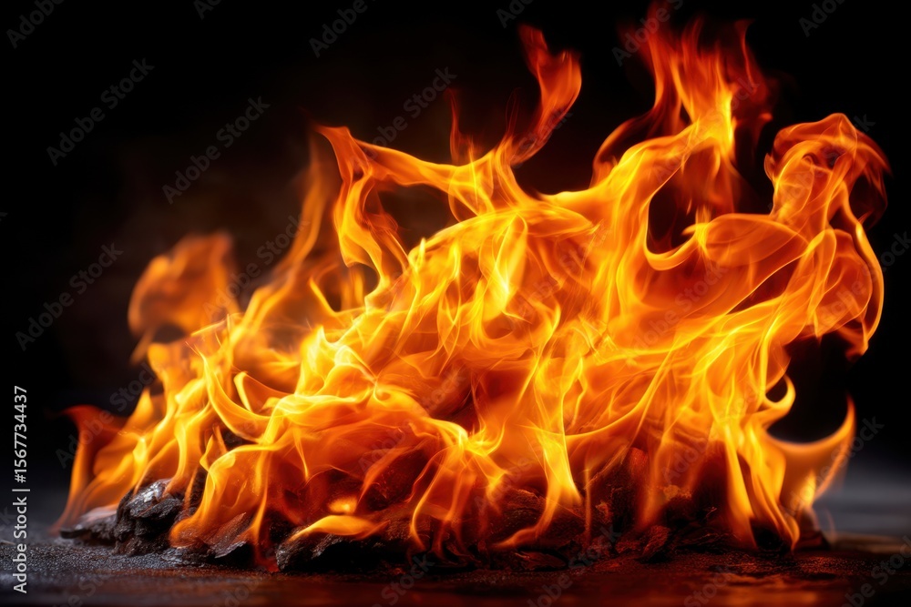 Fototapeta premium Bright flames dance vigorously in an open fire against a dark background