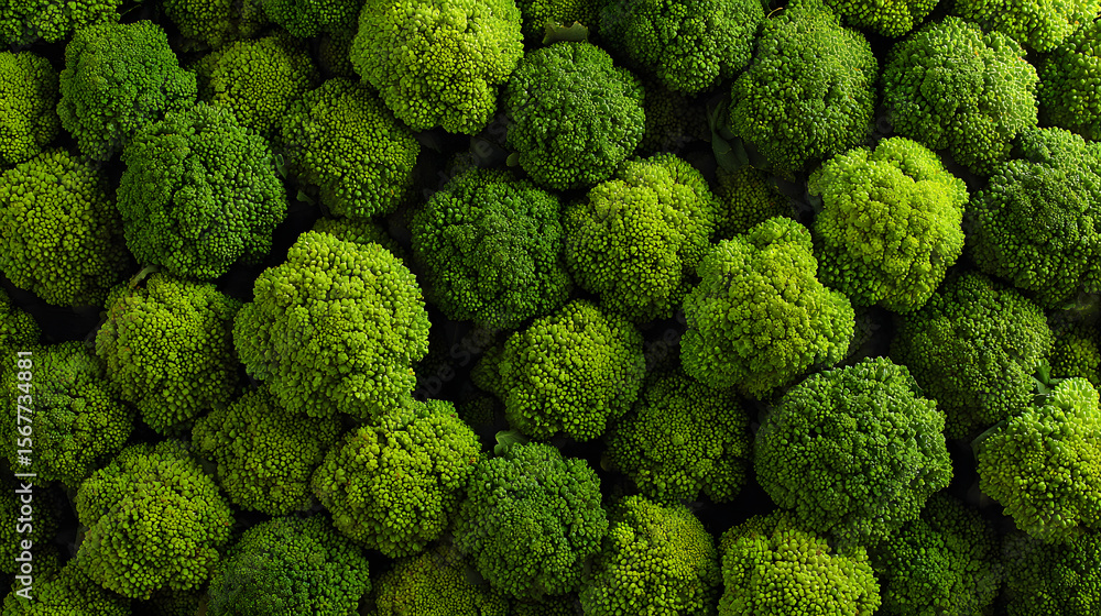 Fresh green broccoli florets are closely stacked, showcasing their vibrant color at a market Fresh green broccoli florets are closely stacked, showcasing their vibrant color at a market