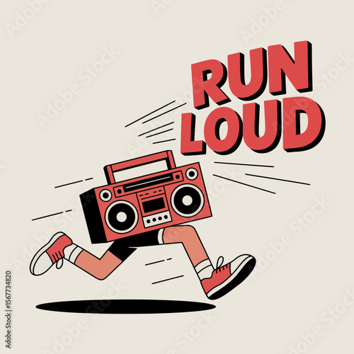 Retro boombox with legs running and the words run loud in bold red letters representing music and movement