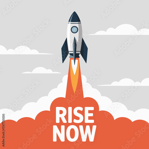 A stylized rocket blasts off with fiery exhaust and the words rise now emblazoned on orange clouds against a cloudy grey sky symbolizing startup success and rapid growth