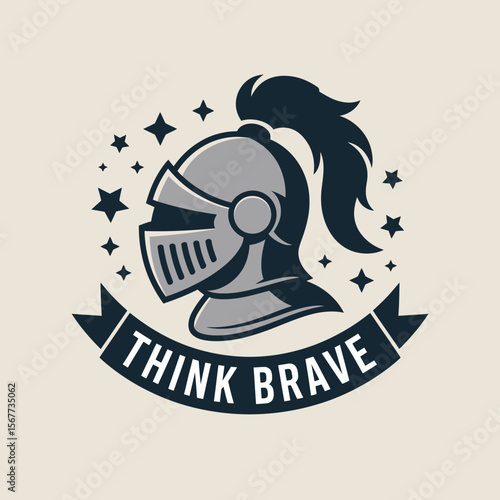 A stylized medieval knight s helmet with a dark plume and visor set against a light background with scattered stars and a banner reading think brave
