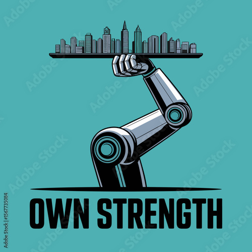 A robotic arm emerges from the ground holding a cityscape on a tray symbolizing technological advancement and urban development