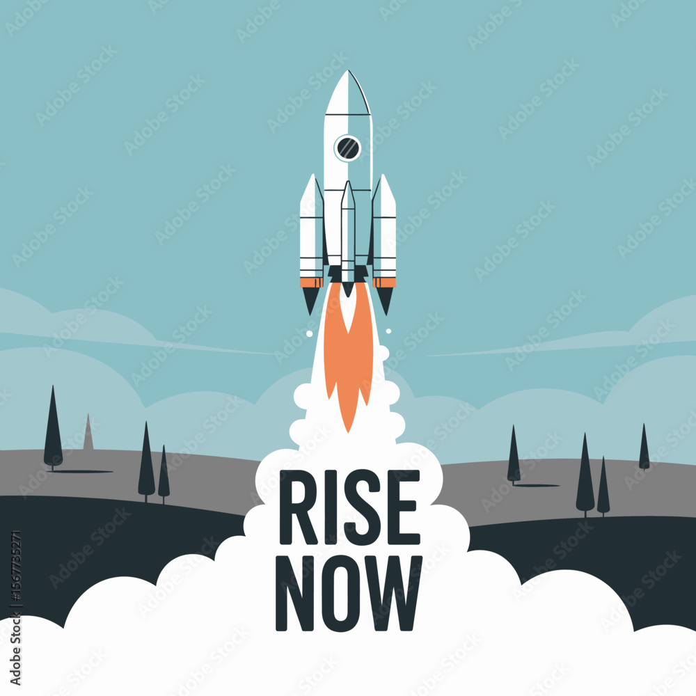 Naklejka premium A stylized rocket launches into the sky leaving a trail of smoke and flames with the words rise now displayed prominently in the foreground