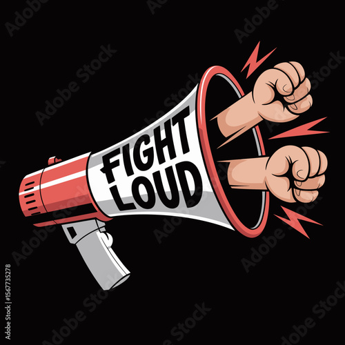 Fist punching out of a megaphone with the words fight loud representing protest and activism