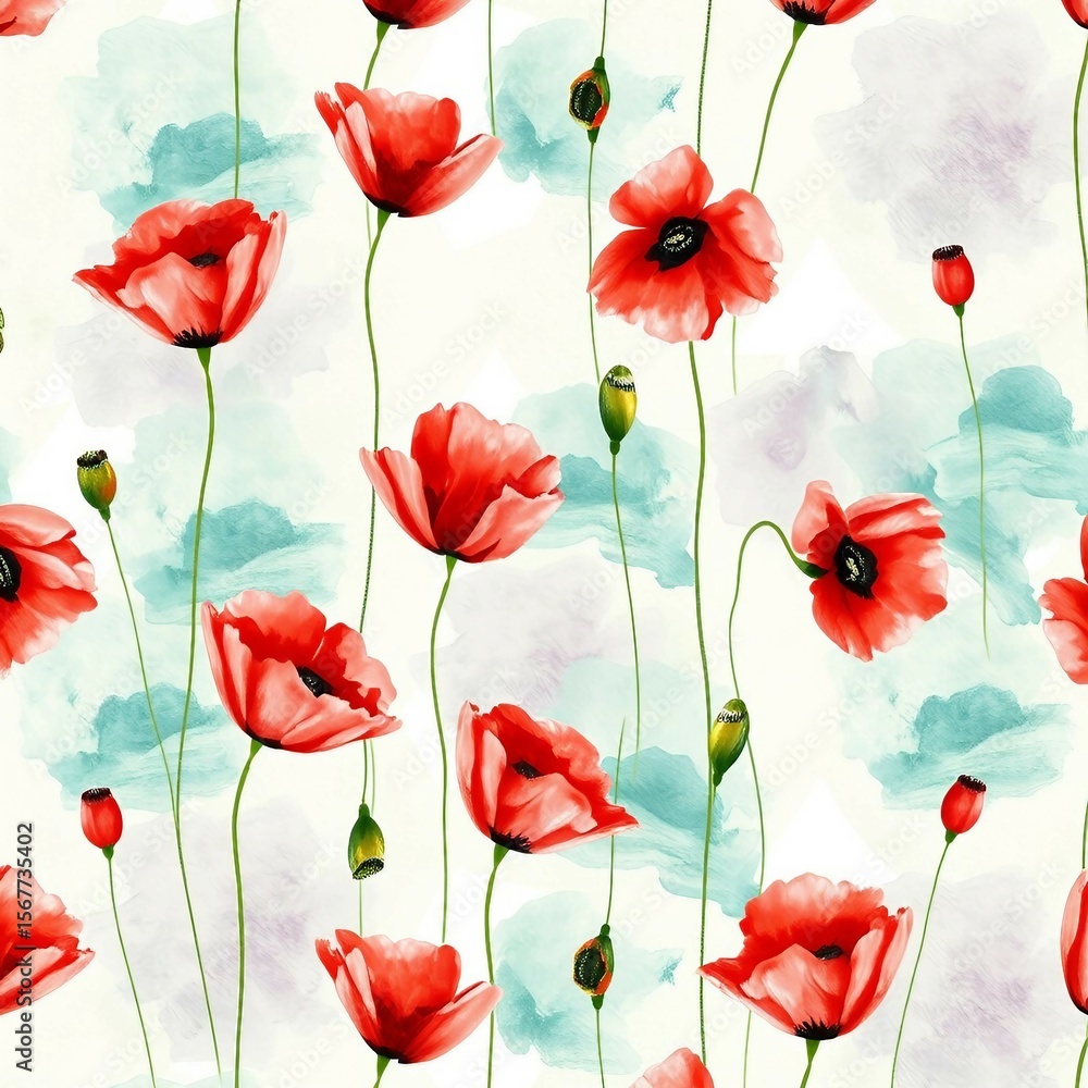 Obraz premium Muster aus roten Mohnblumen auf hellem Aquarellhintergrund, ideal für Stoffe und Dekoration.