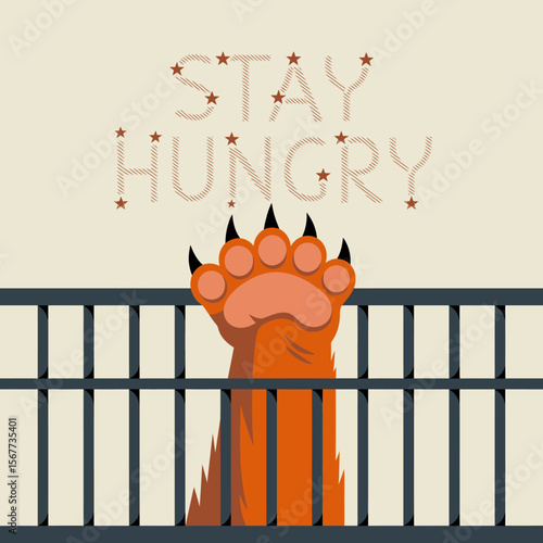A stylized graphic features a large orange bear paw with sharp black claws reaching through a dark gray barred fence above the words stay hungry in a dotted font with small brown stars