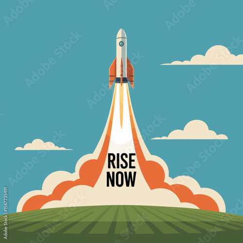Retro style rocket launch with rise now text on fiery exhaust against a blue sky with clouds and green field below symbolizing ambition and new beginnings