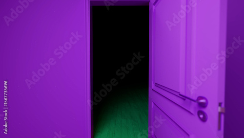 Ajar purple door revealing a dark room with a striking green floor, evoking a sense of mystery and surrealism, inviting curiosity and exploration into the unknown