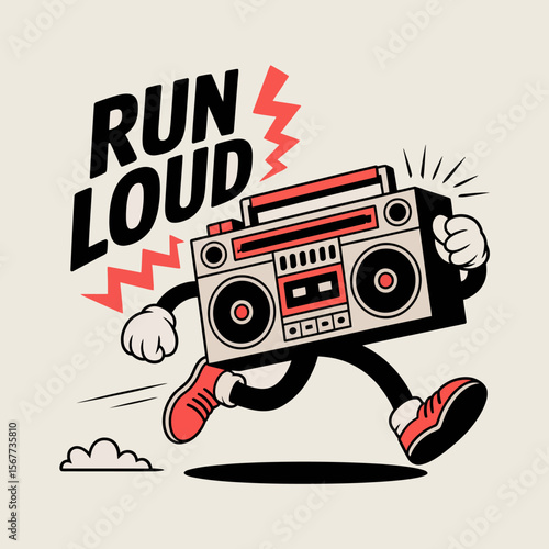 Retro boombox character running with text that says run loud and lightning bolts