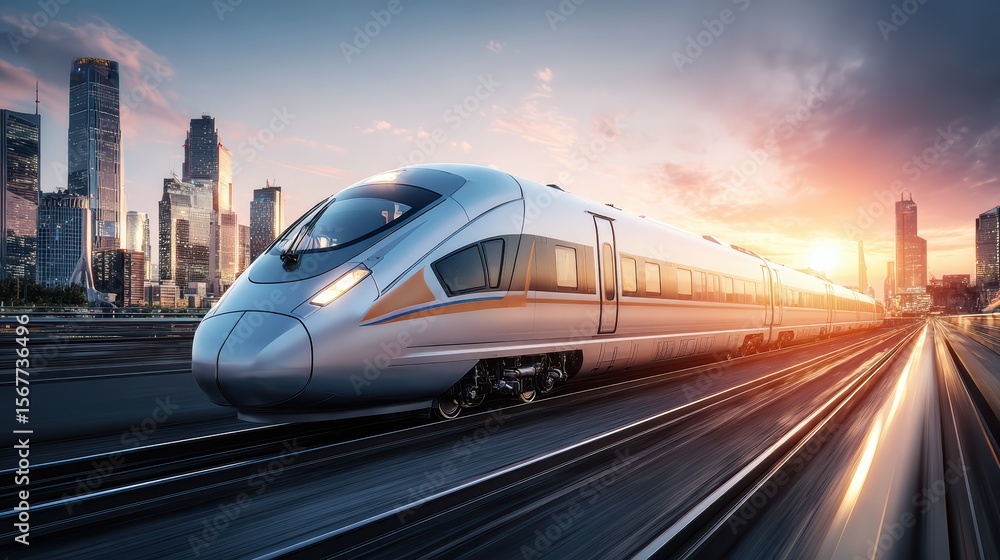 Naklejka premium A sleek, modern high-speed train races through a cityscape at sunset, highlighting advanced urban transport and futuristic design.