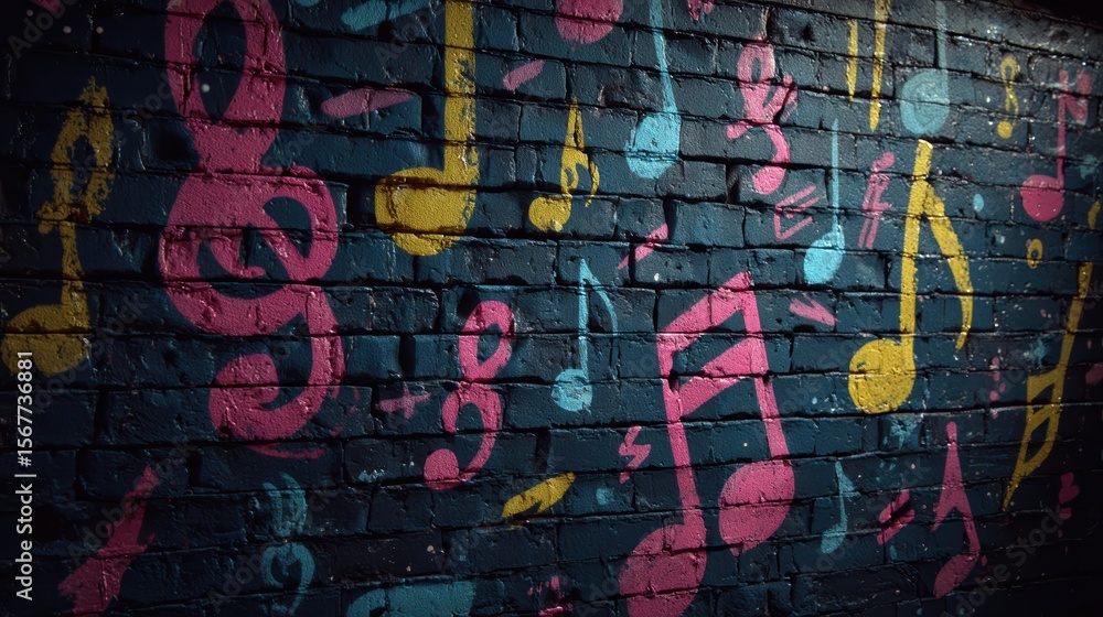 Fototapeta premium Colorful musical notes painted on a dark brick wall create a vibrant, artistic mural celebrating music and creativity.