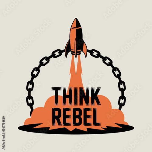 Think rebel rocket launch overcoming obstacles chains innovation freedom startup concept art vector artwork on transparent background