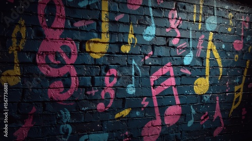 Colorful musical notes painted on a dark brick wall create a vibrant, artistic mural celebrating music and creativity.