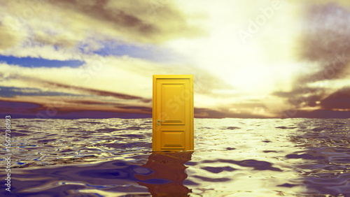 Foto Mysterious yellow door stands in the middle of a body of water, illuminated by t