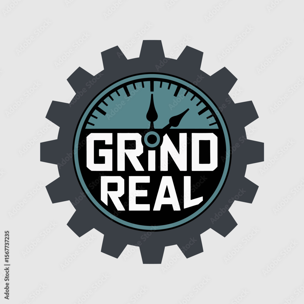 Fototapeta premium Grind real logo featuring a gear surrounding a clock face with bold white text reading grind real on a light gray background