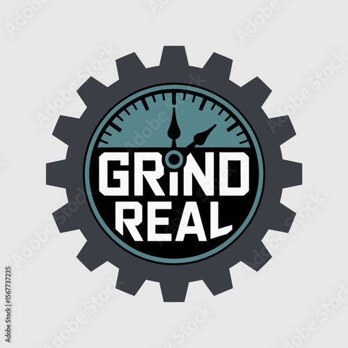Grind real logo featuring a gear surrounding a clock face with bold white text reading grind real on a light gray background