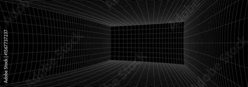 3d grid room background for digital game or space. Black box meets future with abstract wireframe texture. Futuristic vector tunnel design in cyberspace.