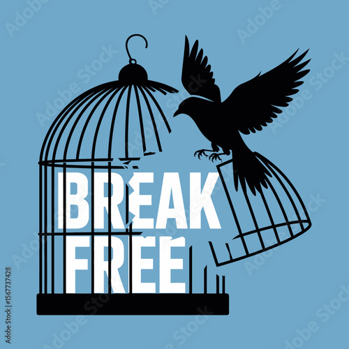 A black silhouette of a bird taking flight from a broken birdcage with the words break free in white text against a light blue background