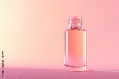 Clear cosmetic bottle on a soft pink background.