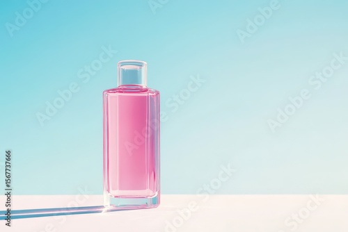 Pink glass bottle on a light pastel background.